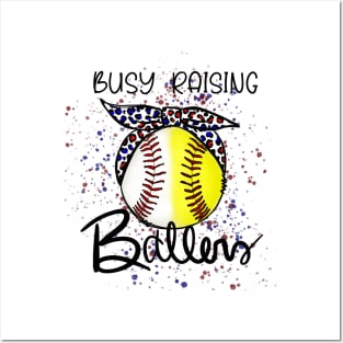 Busy Raising Ballers, baseball, softball mom, red white blue cheetah bow design Posters and Art